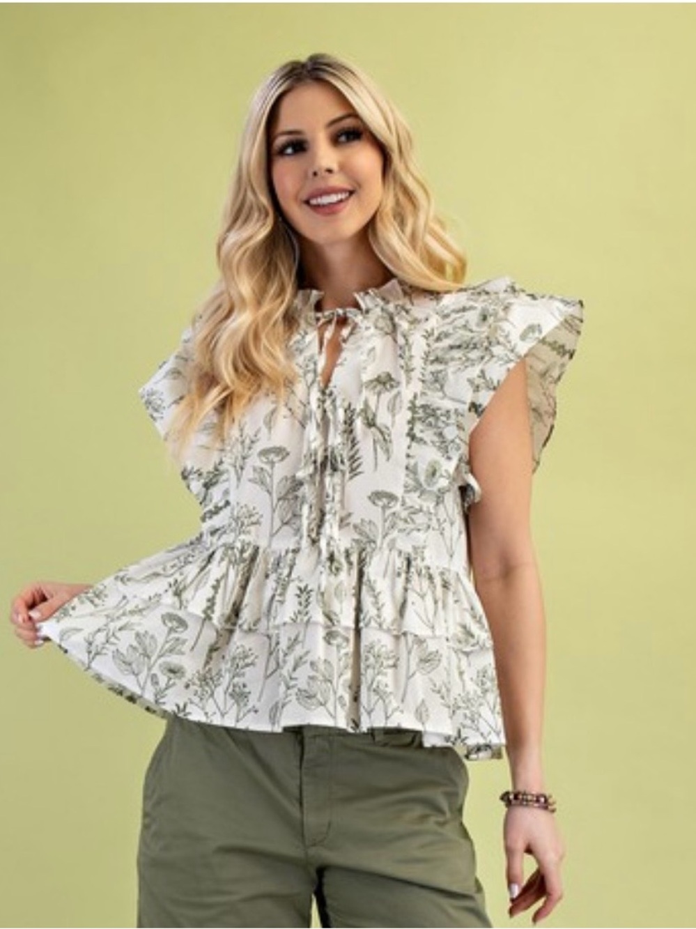 Floral Tie-Neck Ruffle Peplum Blouse in Ivory and Sage